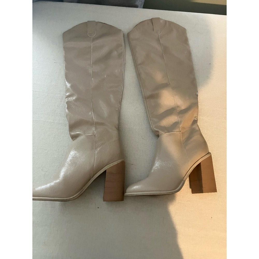 OASIS SOCIETY Stephanie Knee High Boots Light Beige Faux Leather Slouchy Shaft